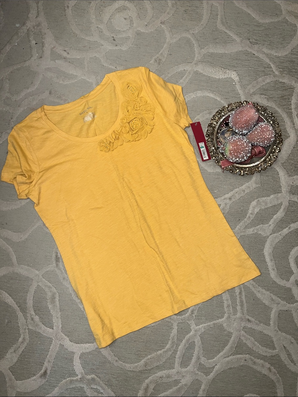 NWT🌷MERONA🌷Gold embellished beaded floral neck short sleeve  cotton knit tee